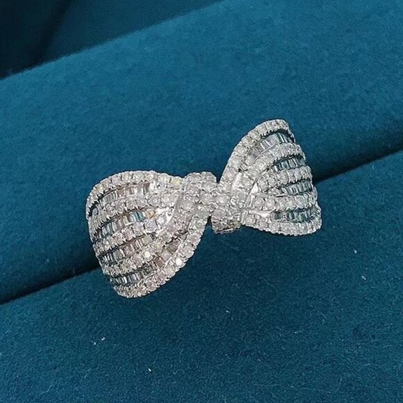 🔥 925 Silver Plated Sparkling Bow Micro Pave CZ Ring for Women, HA4613-6 - Picture 5 of 6